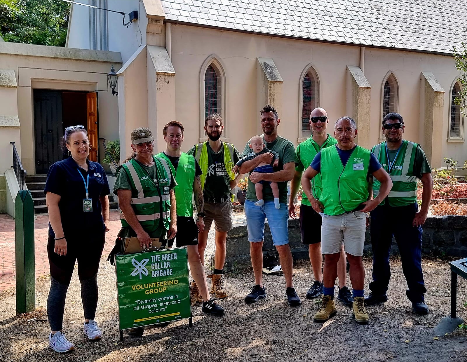 Brigade crew outside a community church after a working bee